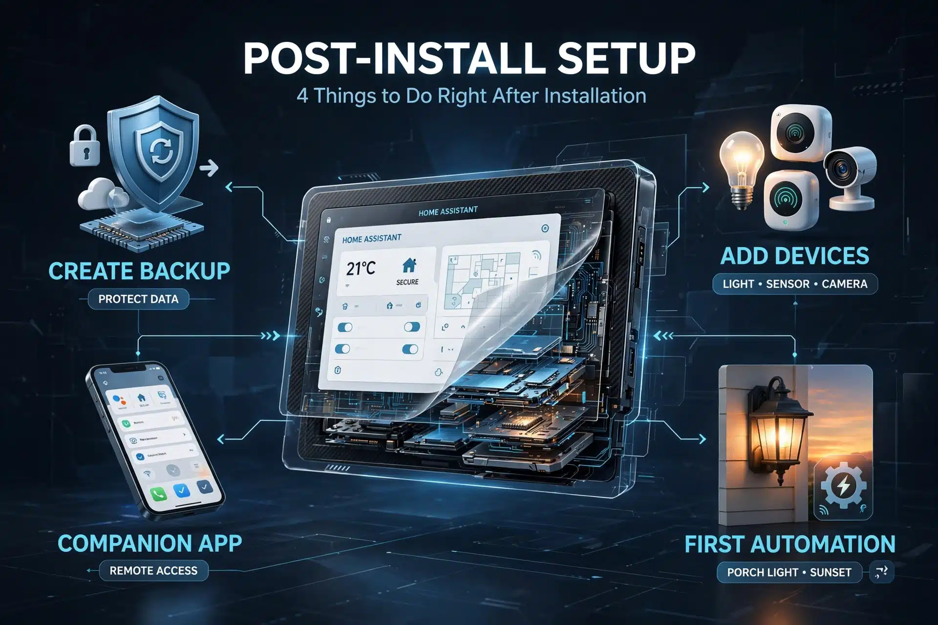 Home Assistant dashboard setup showing backup, devices, sunset automation and phone app