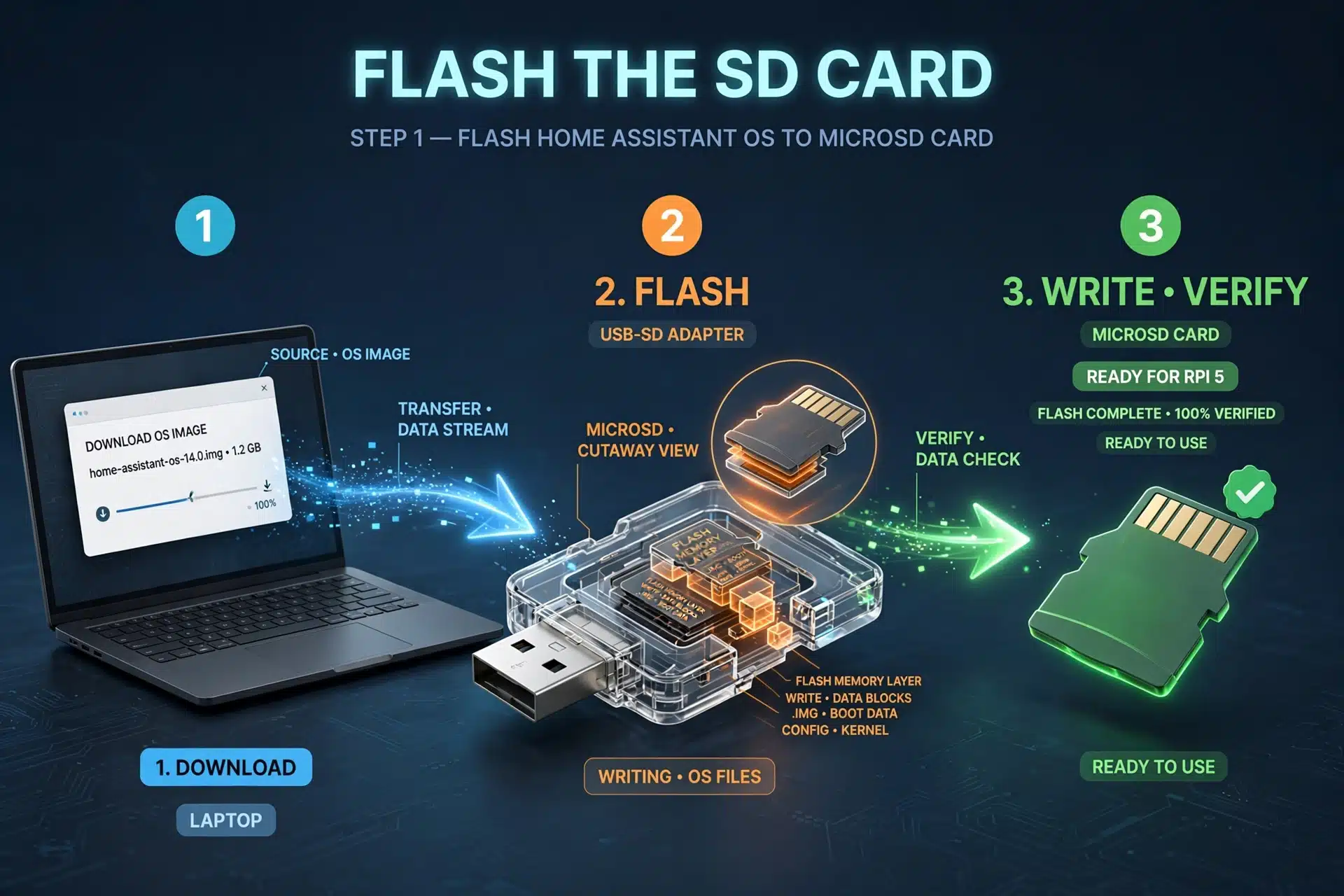 Three-step diagram showing how to flash Home Assistant OS onto a microSD card