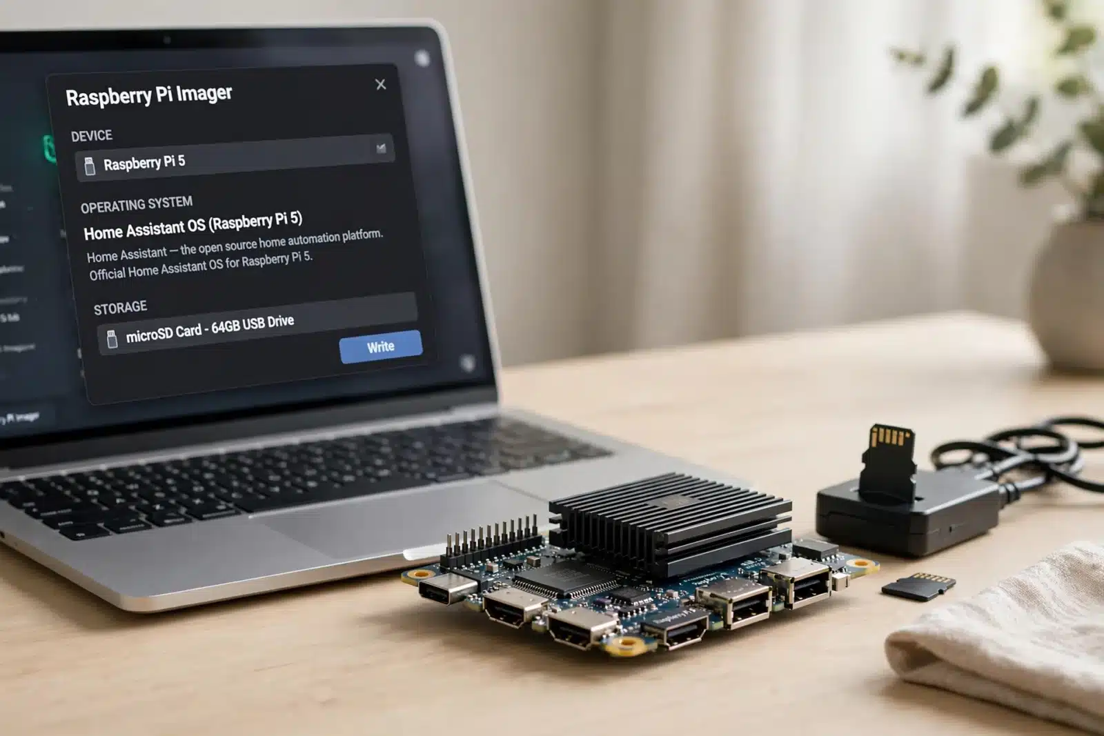 Install Home Assistant on Raspberry Pi 5 — laptop flashing Home Assistant OS to a microSD card next to a Raspberry Pi 5 board