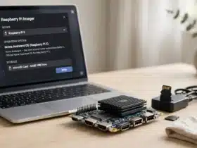 Install Home Assistant on Raspberry Pi 5 — laptop flashing Home Assistant OS to a microSD card next to a Raspberry Pi 5 board