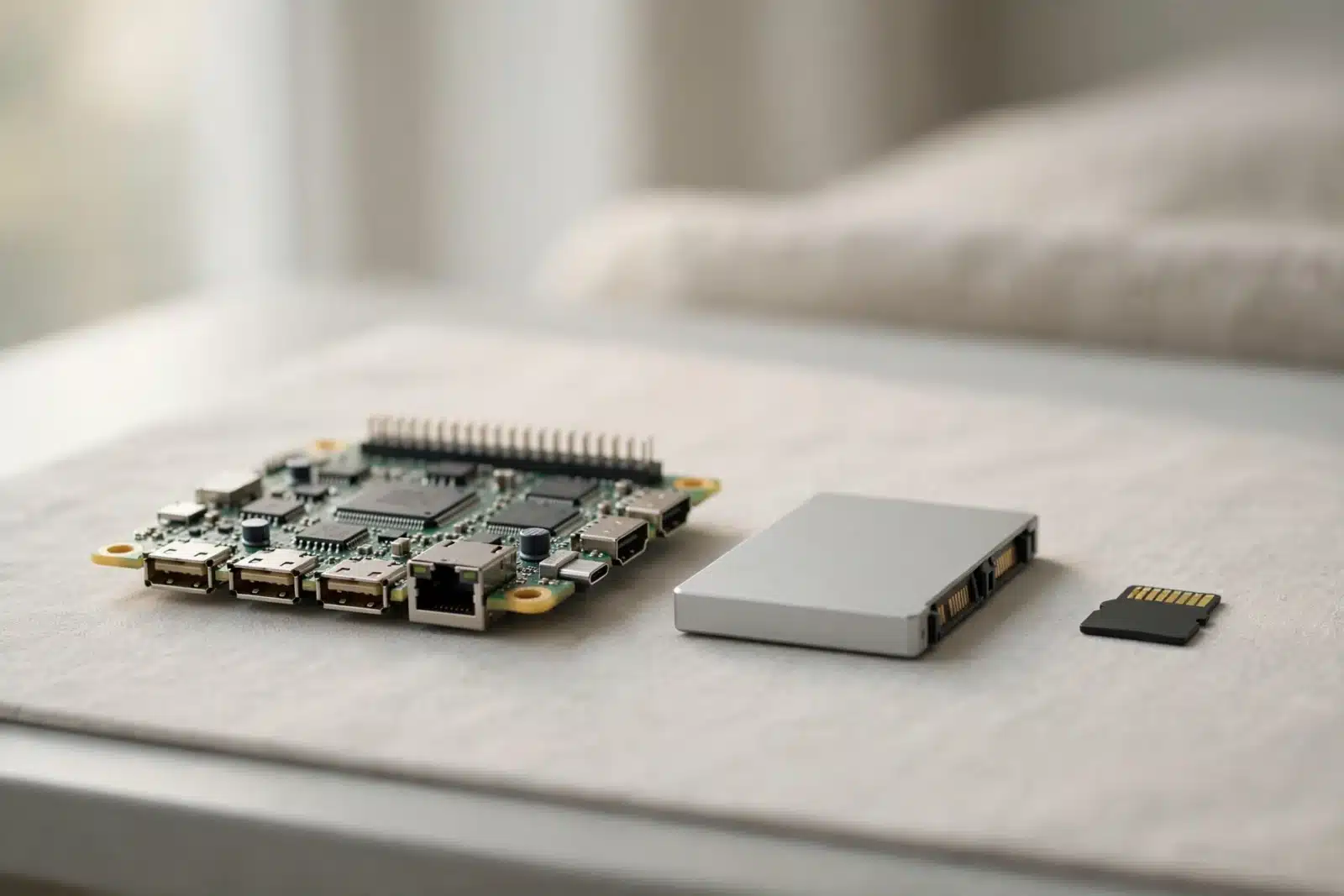Raspberry Pi board next to a 2.5-inch SSD and microSD card — migrate Home Assistant from SD card to SSD