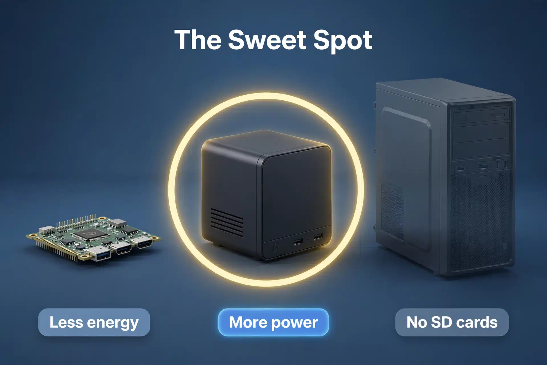 Comparison illustration showing a mini PC highlighted as the sweet spot between a small single-board computer and a bulky desktop PC