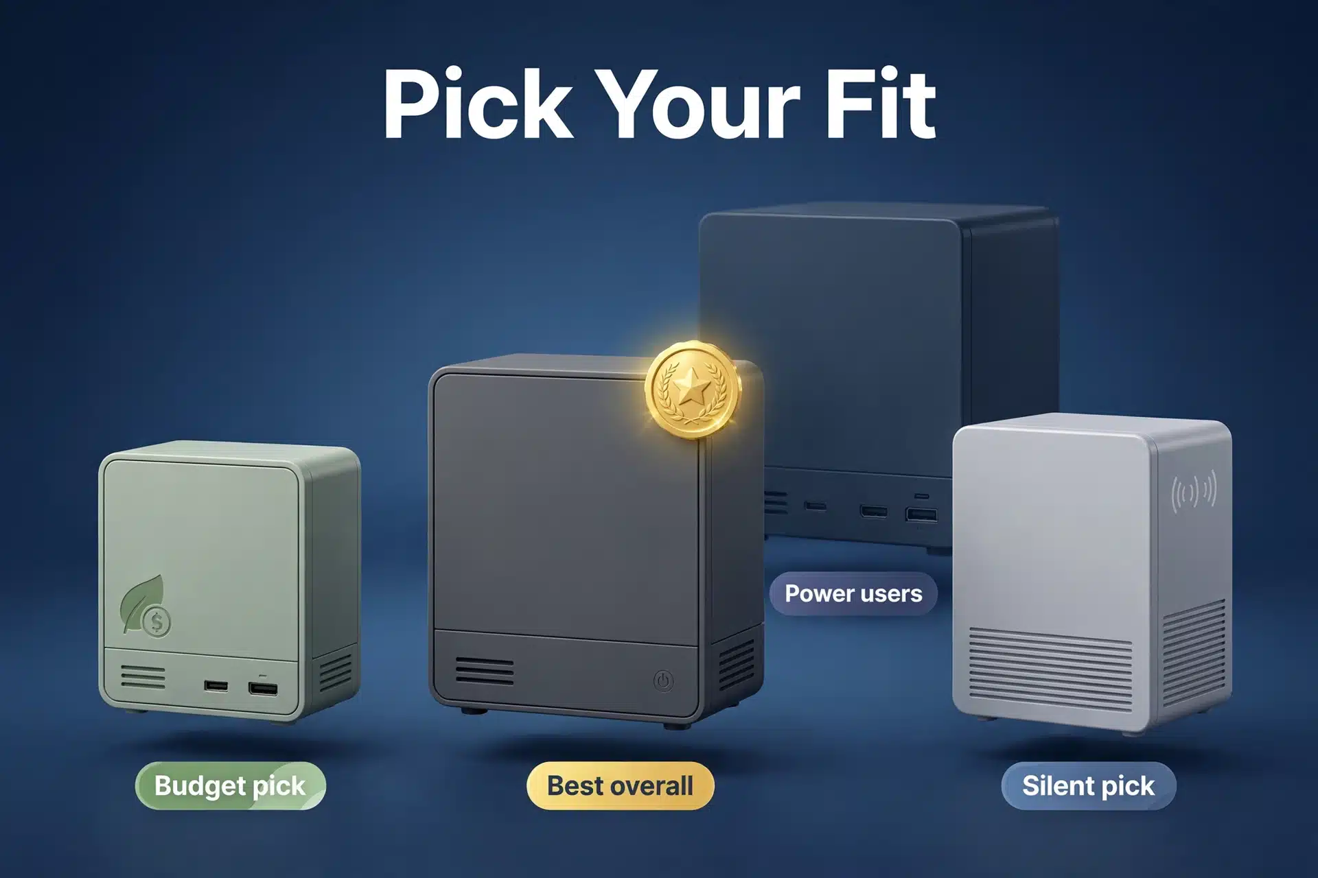 Decision-guide illustration of mini PCs with pick-your-fit badges for best overall, budget pick, silent pick, and power users