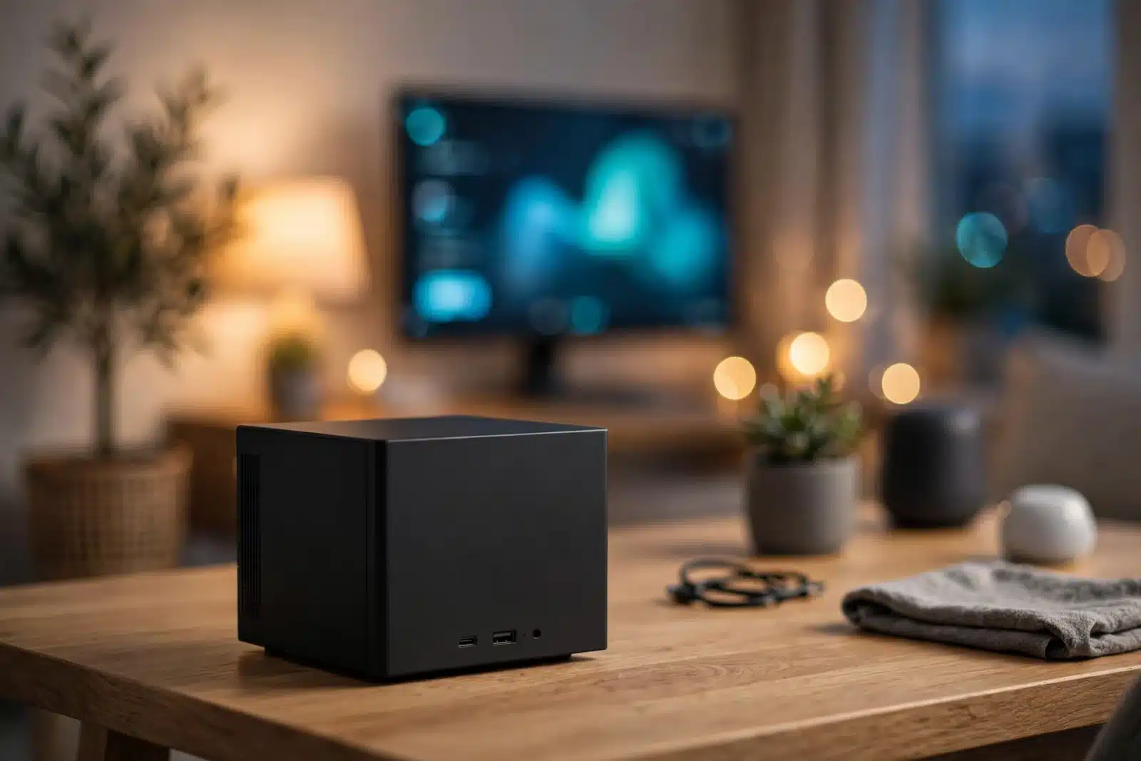 A sleek mini PC on a modern desk at dusk, with a glowing home automation dashboard on a monitor in the background