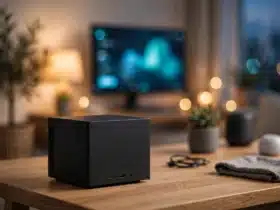 A sleek mini PC on a modern desk at dusk, with a glowing home automation dashboard on a monitor in the background