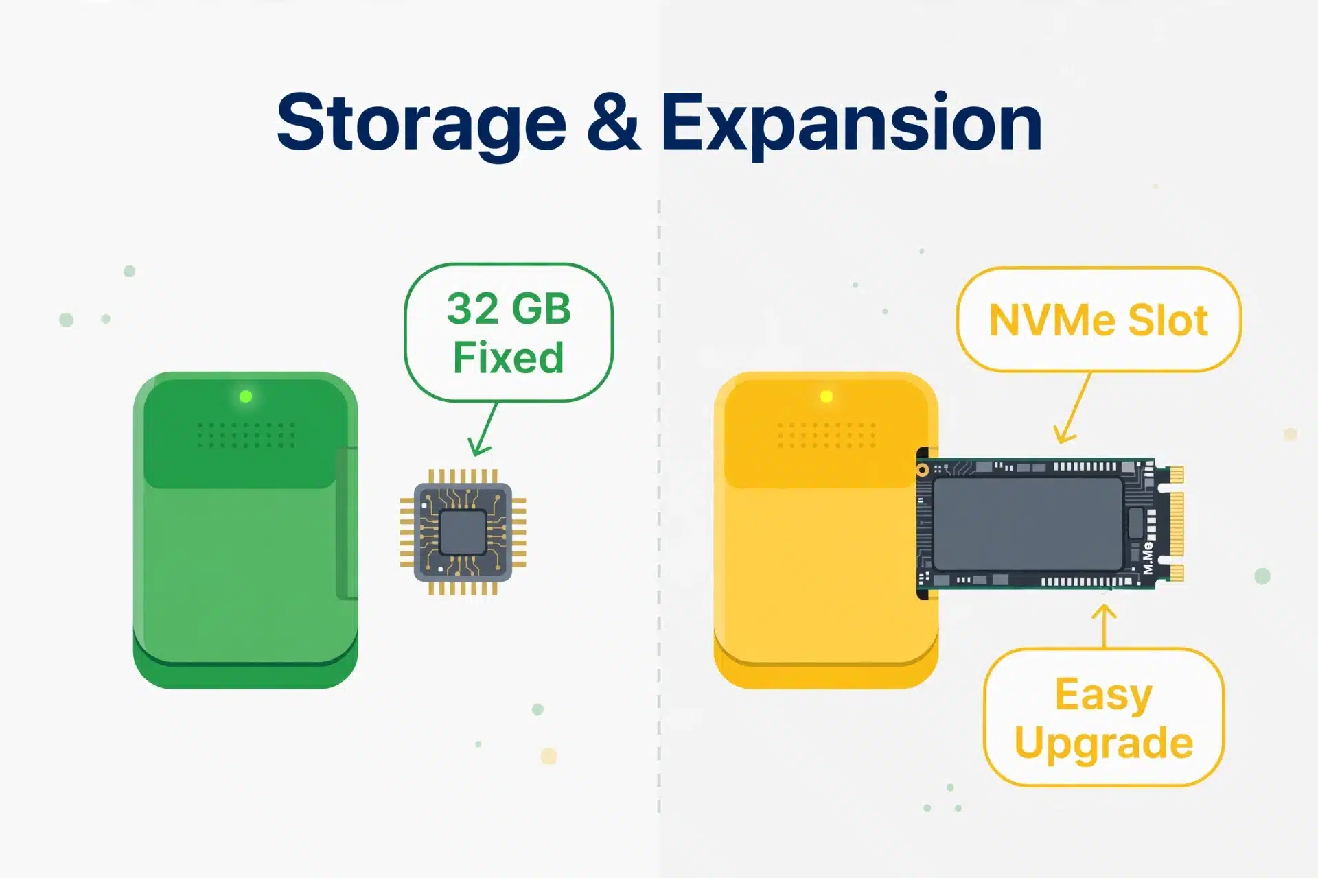 Storage comparison — Home Assistant Green has fixed 32 GB eMMC storage, while Home Assistant Yellow has an M.2 NVMe slot for an easy SSD upgrade