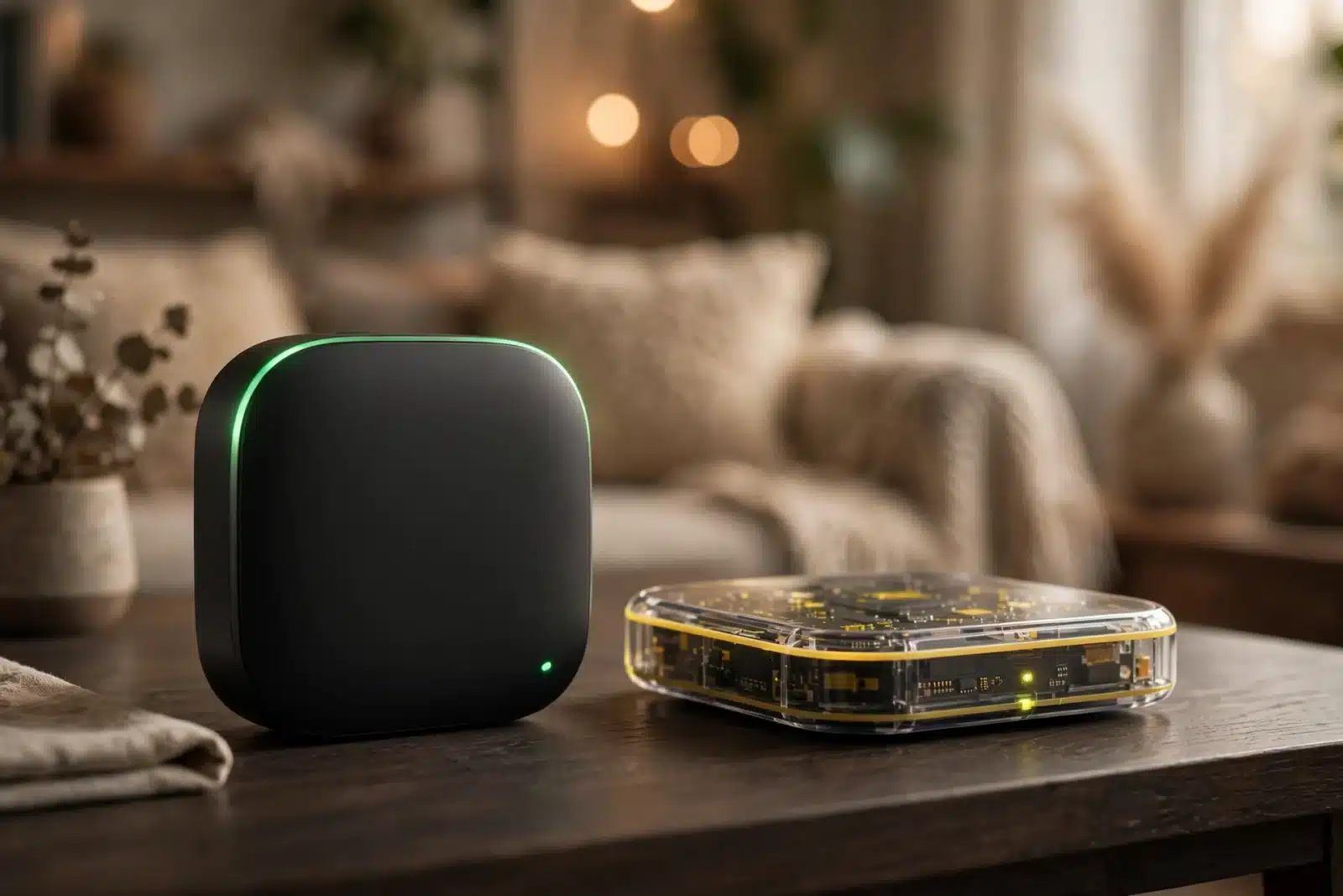 Home Assistant Green and Yellow smart-home hubs side by side on a desk — a compact hub with a green accent next to a larger yellow-accented board-style hub