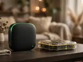 Home Assistant Green and Yellow smart-home hubs side by side on a desk — a compact hub with a green accent next to a larger yellow-accented board-style hub