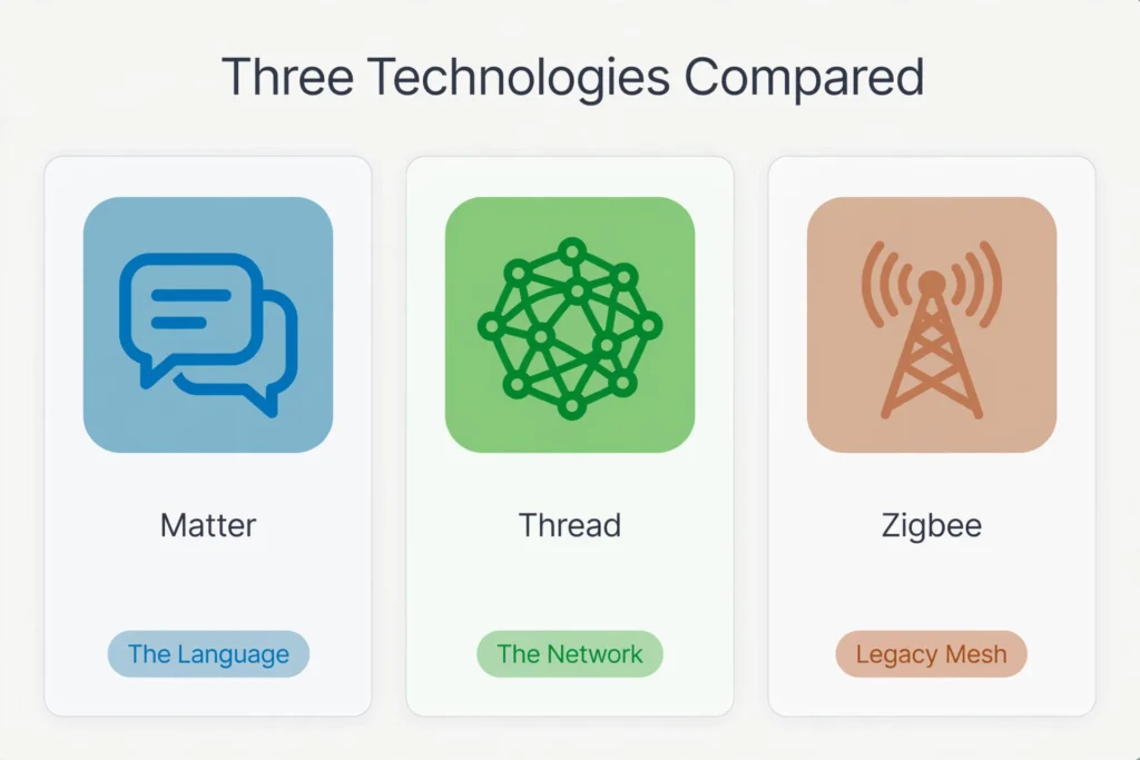 Comparison of Matter, Thread, and Zigbee showing Matter as the language, Thread as the network, and Zigbee as the legacy mesh