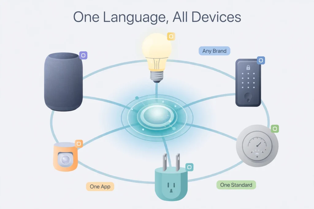 Illustration showing Matter as one universal language connecting smart home devices of different brands