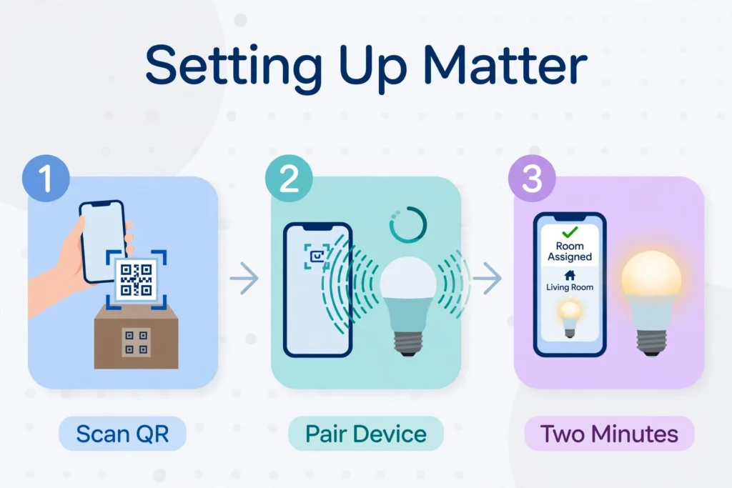 Three-step illustration of setting up a Matter device: scan the QR code, pair the device, and assign it to a room