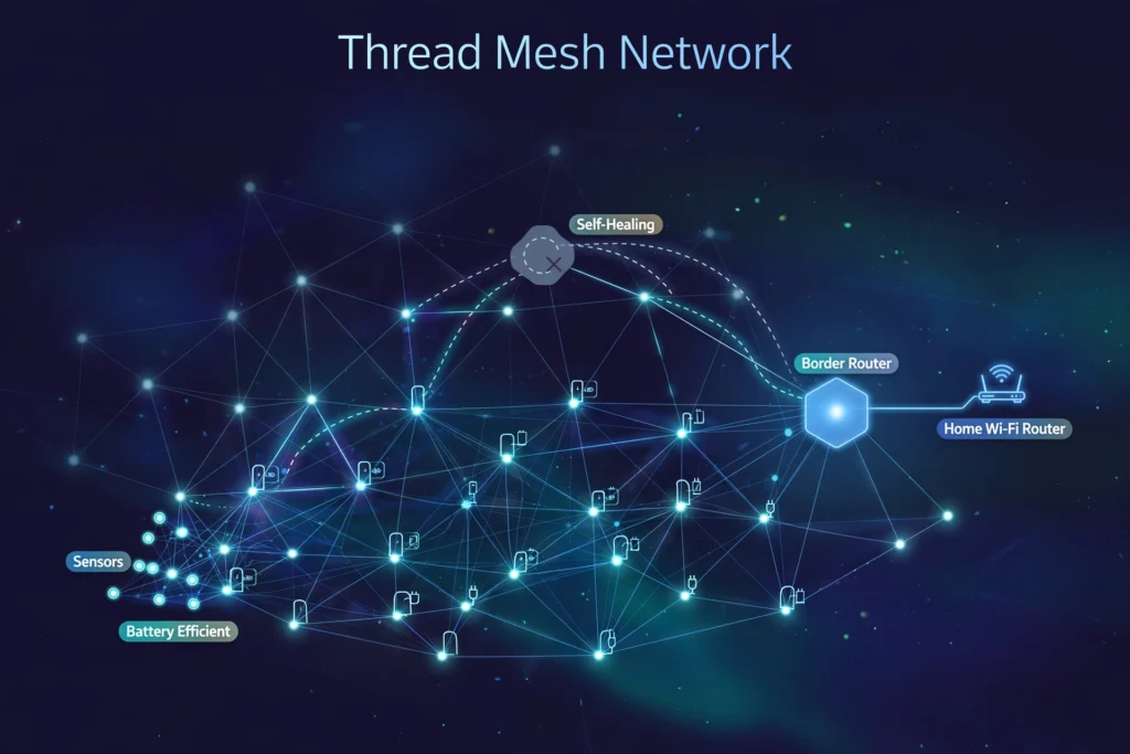 Diagram of a Thread mesh network showing devices relaying messages, self-healing paths, and a border router connecting to home Wi-Fi