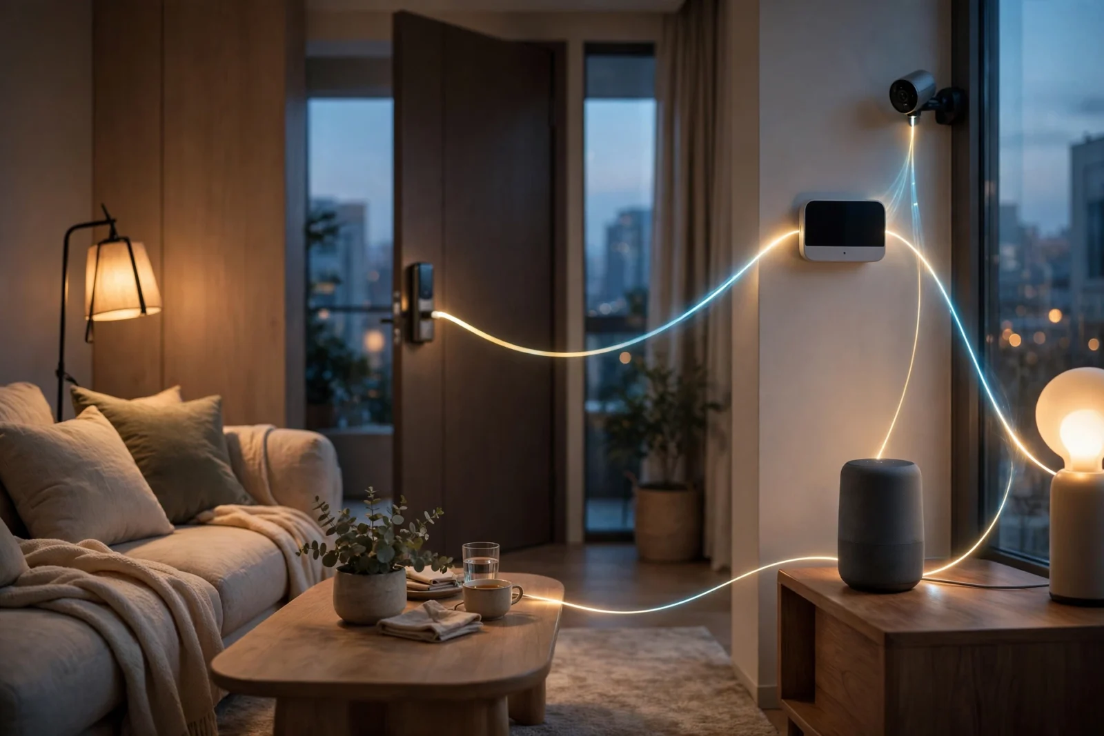 Smart home living room with connected devices sharing data over a Matter and Thread network
