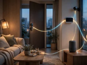 Smart home living room with connected devices sharing data over a Matter and Thread network
