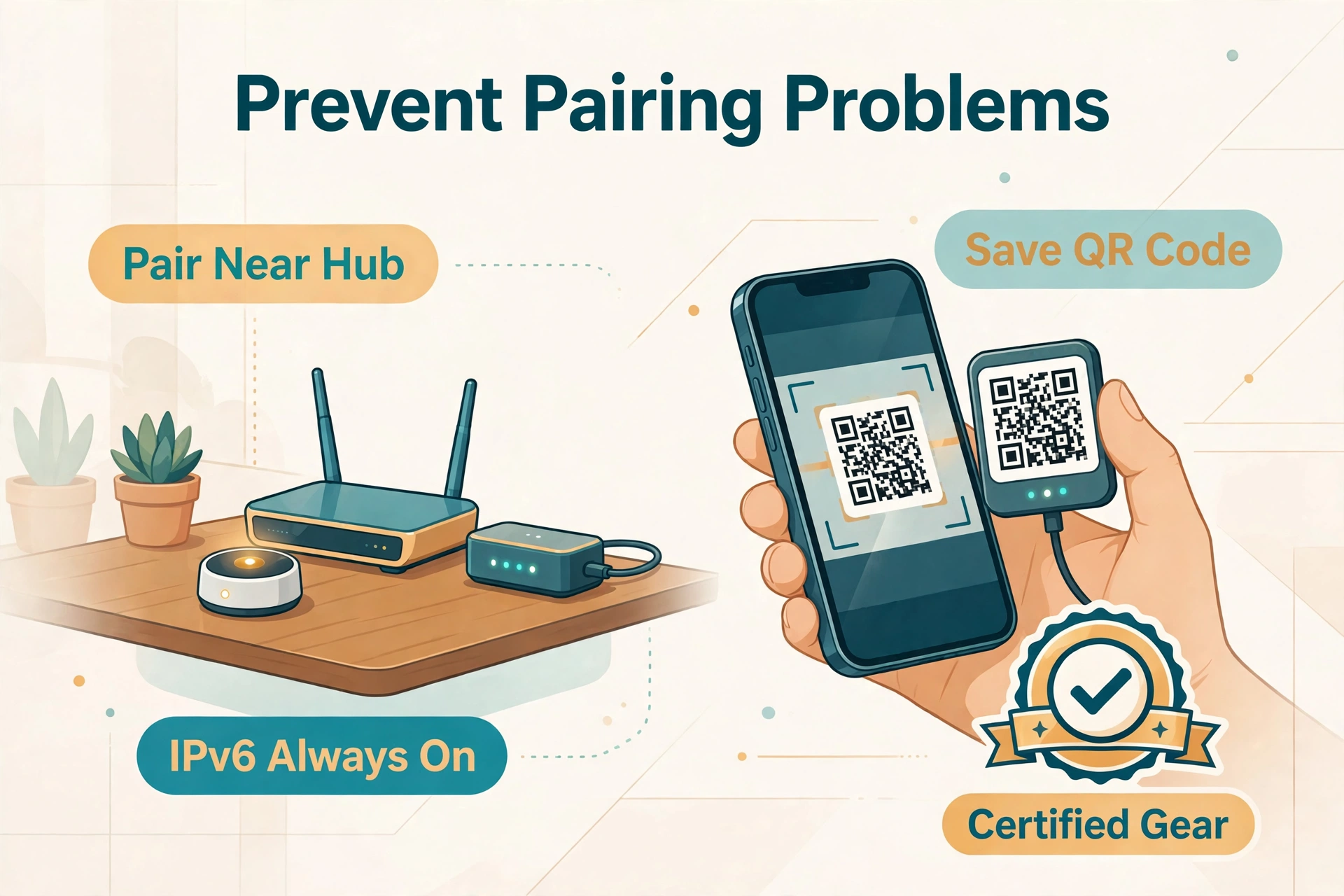 Tips to prevent Matter pairing problems: pair near the hub, keep IPv6 on, save the QR code, buy certified devices