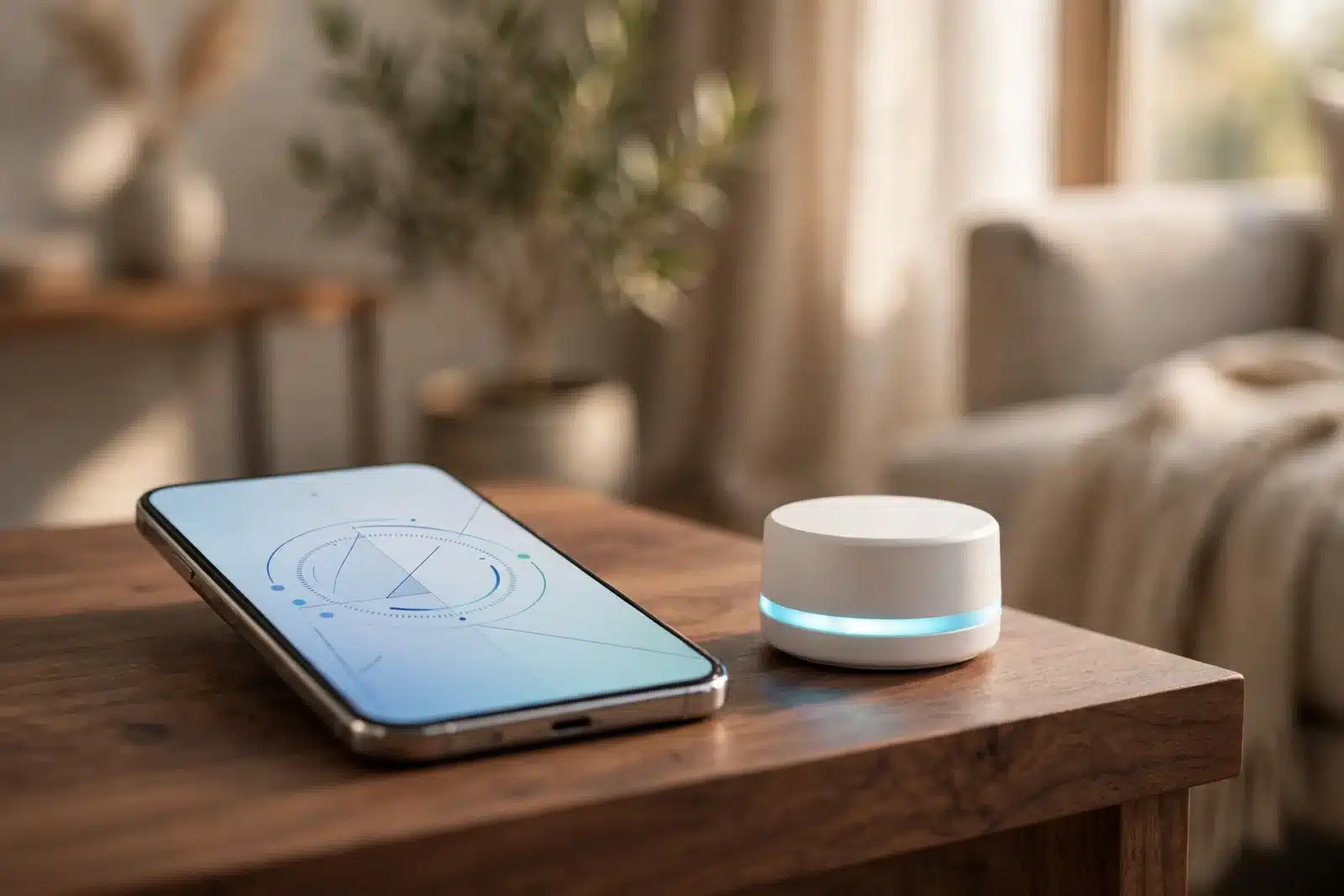Smartphone next to a smart home hub during Matter device pairing