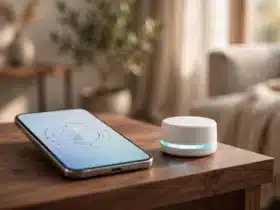 Smartphone next to a smart home hub during Matter device pairing