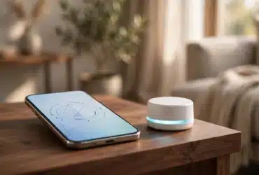 Smartphone next to a smart home hub during Matter device pairing
