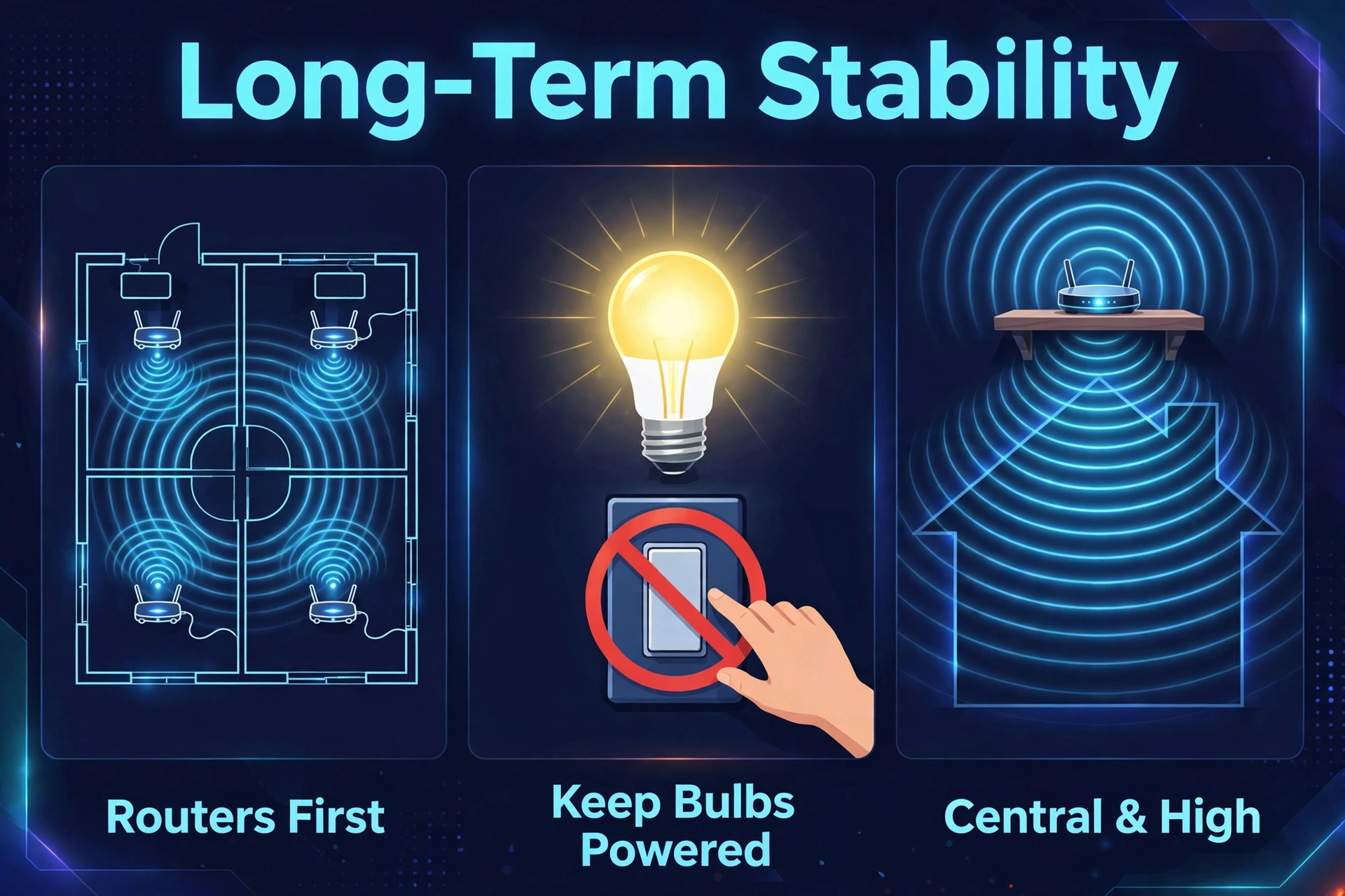 Three habits for long-term Zigbee stability: put routers first, keep smart bulbs powered, and keep the coordinator central and high