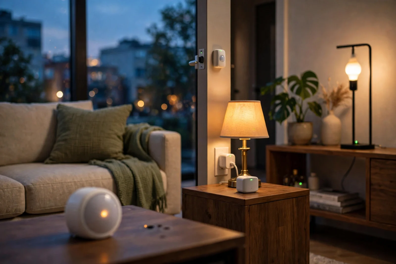 Smart home living room where connected devices glow green while one sensor glows amber, showing a Zigbee device that went offline