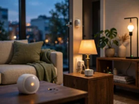 Smart home living room where connected devices glow green while one sensor glows amber, showing a Zigbee device that went offline