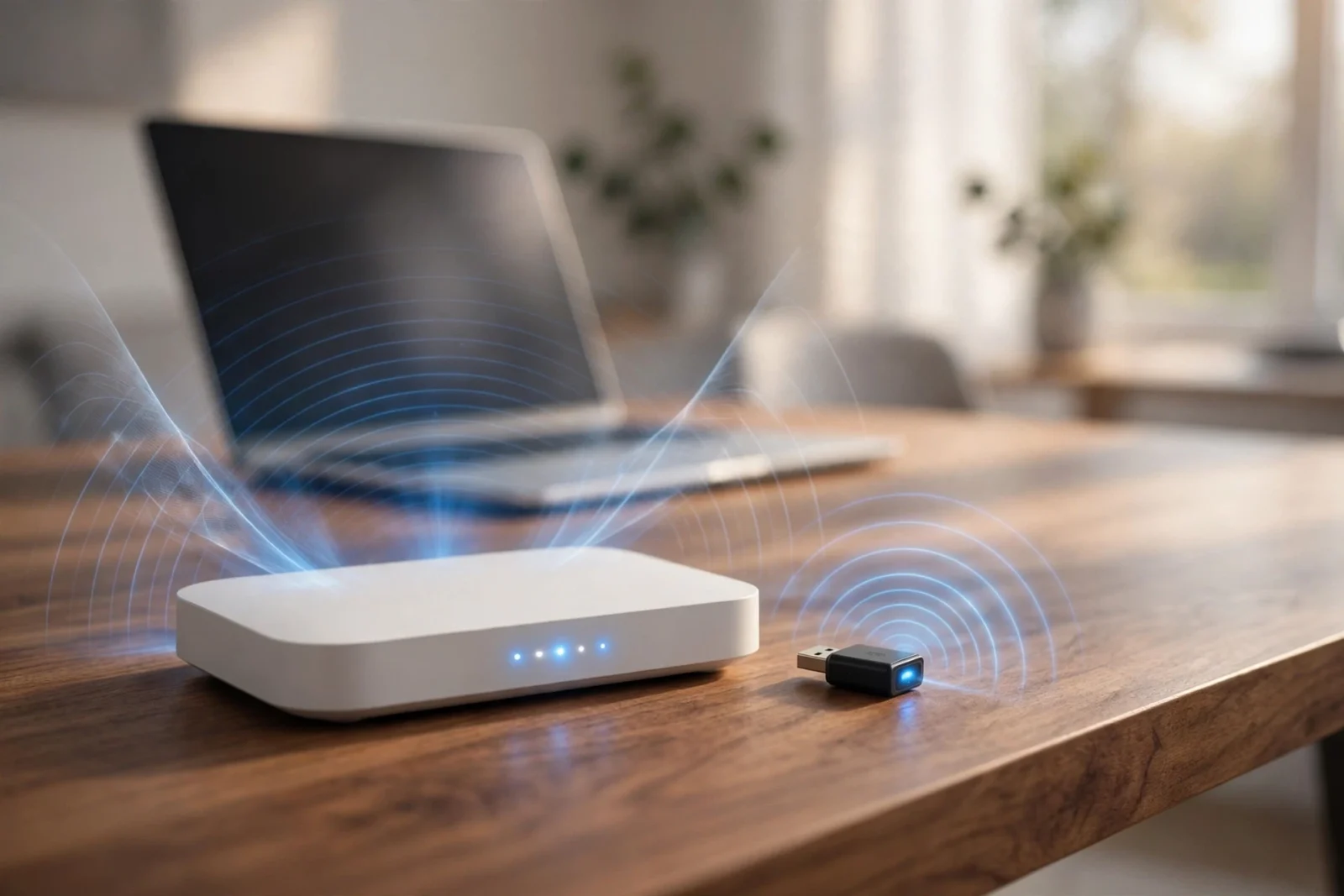 Wi-Fi router and Zigbee USB dongle on a desk with wireless signal waves radiating from both devices