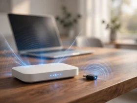 Wi-Fi router and Zigbee USB dongle on a desk with wireless signal waves radiating from both devices