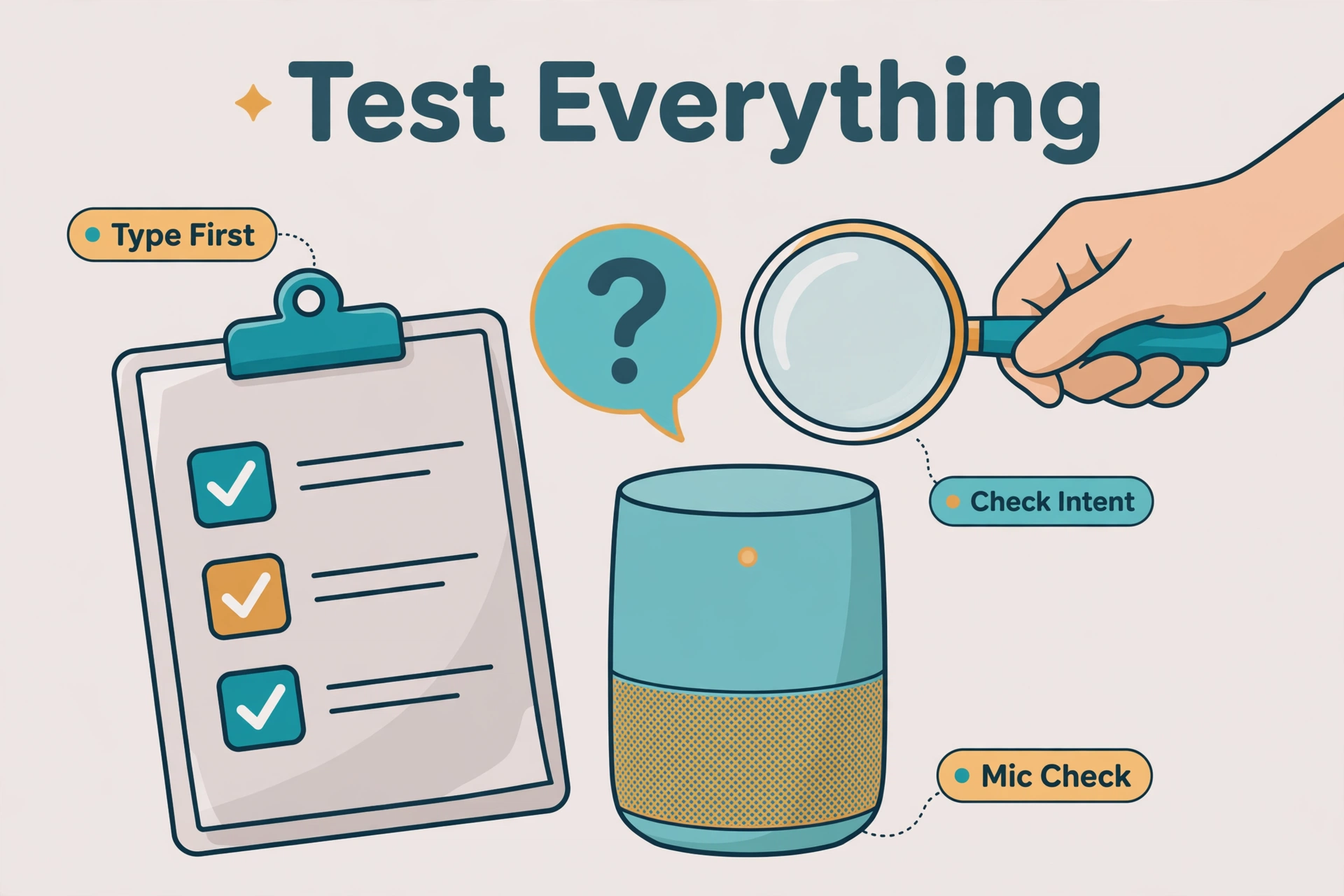 Debugging illustration showing a checklist with checkmarks, a magnifying glass over a smart speaker, and callouts to type first, check the intent, and check the microphone
