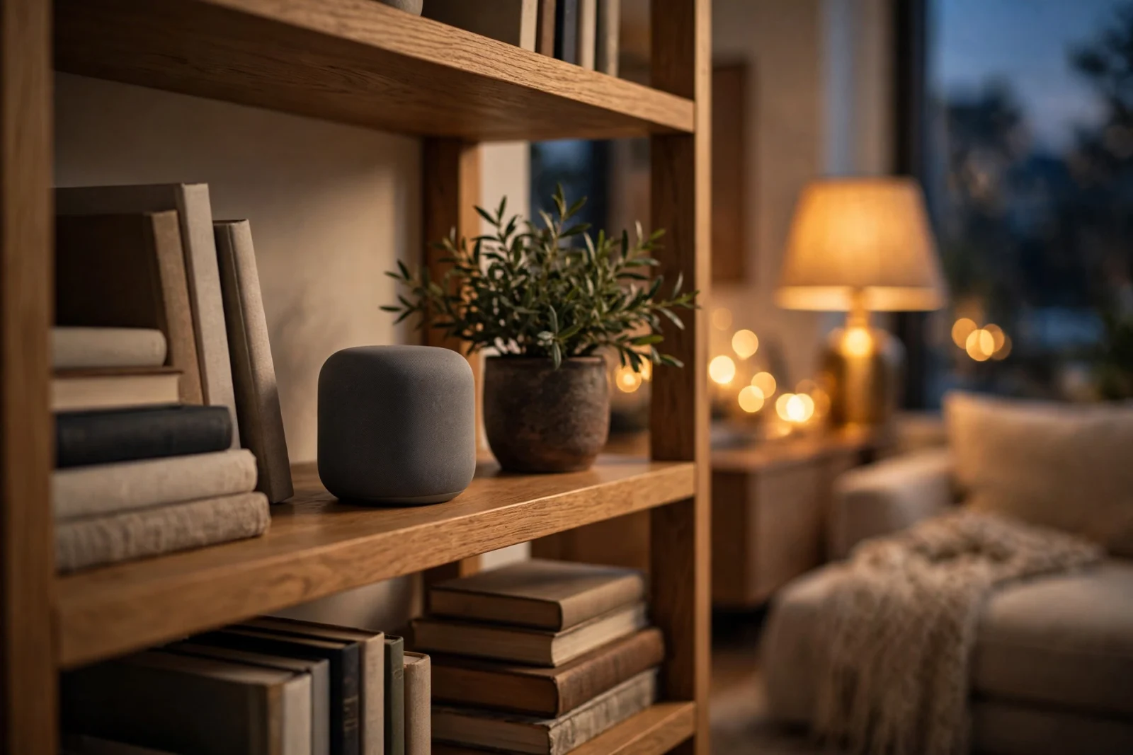 A small smart speaker voice satellite device on a wooden bookshelf in a warm cozy living room with lamplight