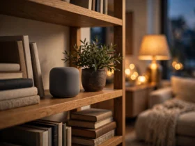 A small smart speaker voice satellite device on a wooden bookshelf in a warm cozy living room with lamplight