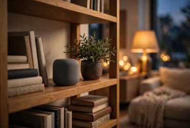 A small smart speaker voice satellite device on a wooden bookshelf in a warm cozy living room with lamplight