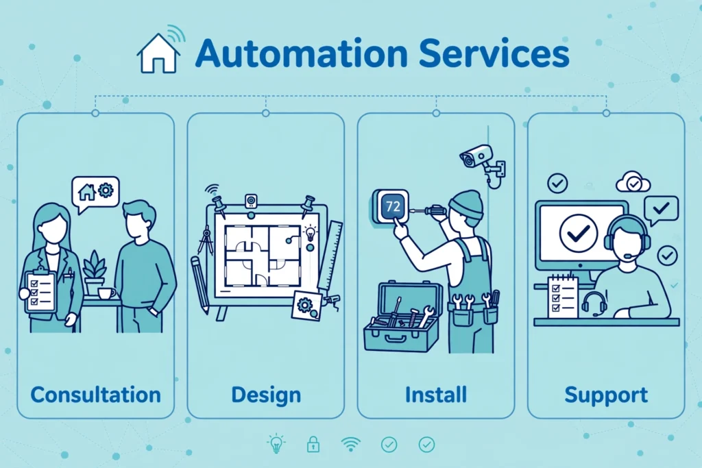What home automation services are: consultation, system design, installation, and support
