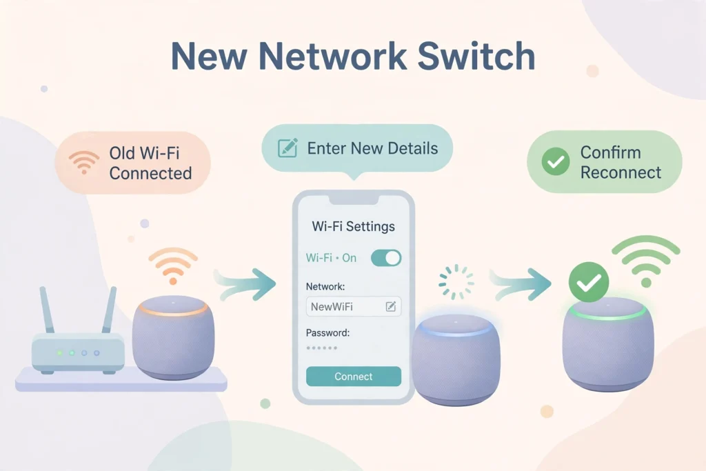 Illustration showing how to change wifi on google home mini from the app while the old Wi-Fi network is still connected