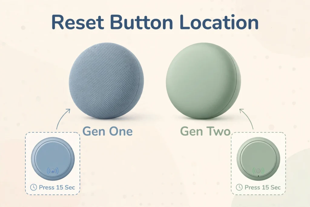 Diagram of the factory reset button location on a small smart speaker, older and newer Mini models compared