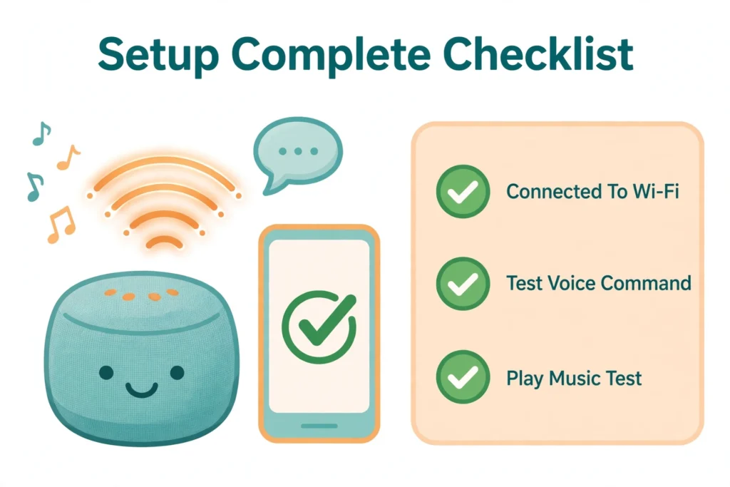 Smart speaker setup complete on the new Wi-Fi network, with a short success checklist of connected Wi-Fi, voice command test, and music test