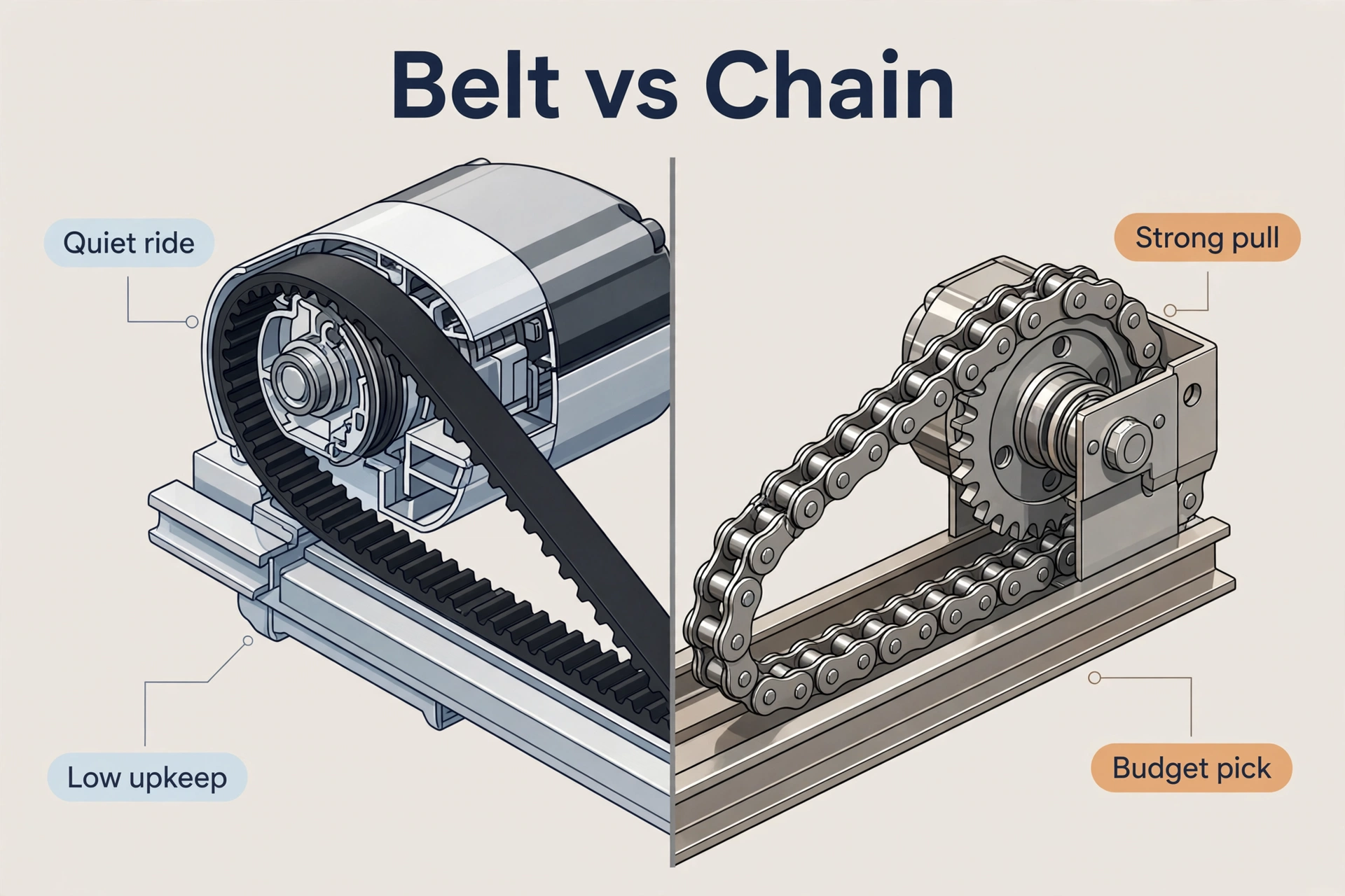 Illustration comparing a belt-drive garage door opener mechanism labeled quiet ride and low upkeep with a chain-drive mechanism labeled strong pull and budget pick