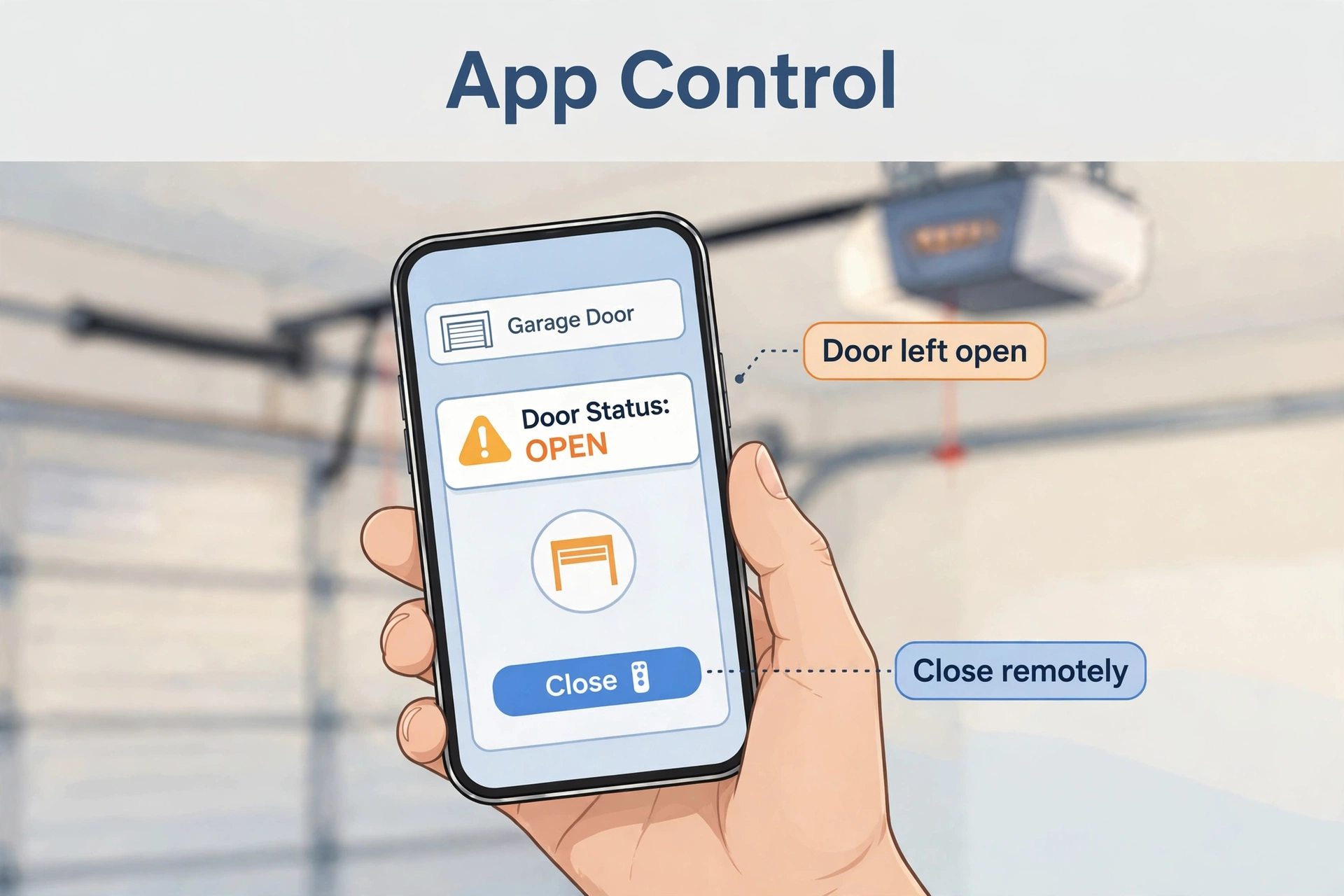 Hand holding a smartphone showing a garage door app with a door-left-open alert and a close button, opener blurred in the background