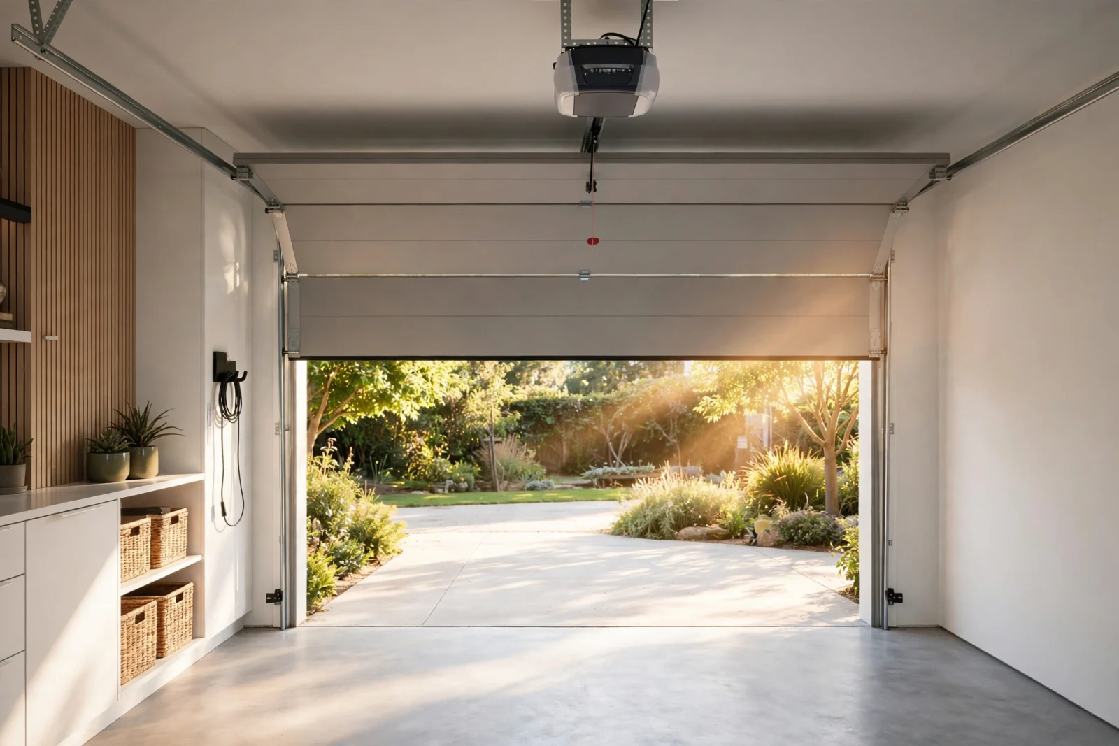 Modern garage interior with a half-open sectional door, warm daylight streaming in, and a belt-drive smart garage door opener mounted on the ceiling