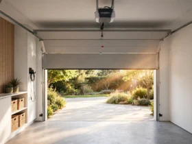 Modern garage interior with a half-open sectional door, warm daylight streaming in, and a belt-drive smart garage door opener mounted on the ceiling