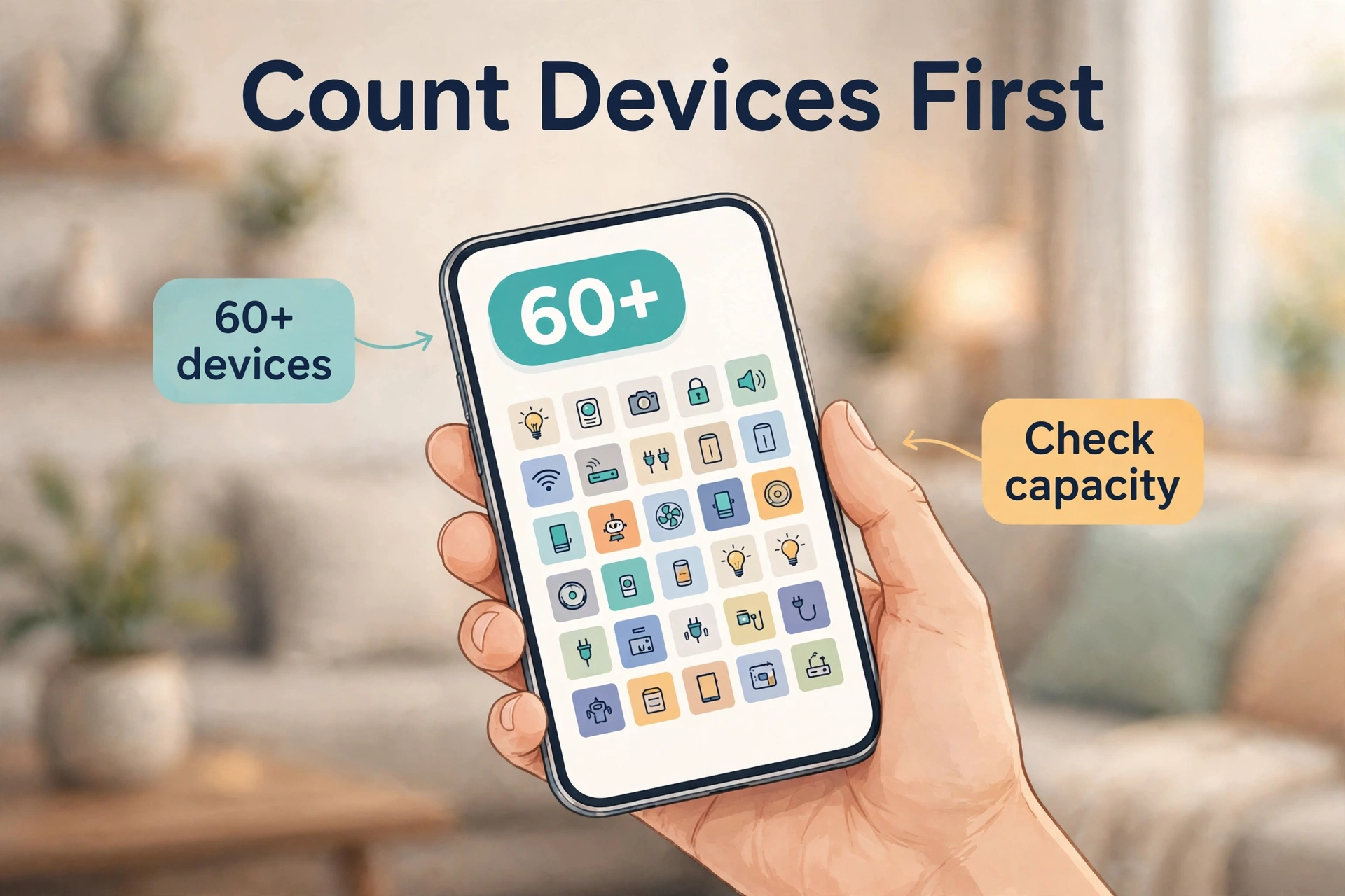 Hand holding a smartphone showing a smart home app with a 60-plus connected devices counter and device icons
