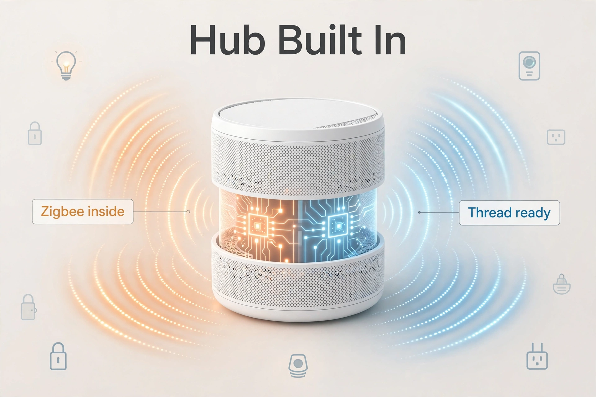 Close-up of a white mesh WiFi node with orange Zigbee and blue Thread signal waves radiating outward