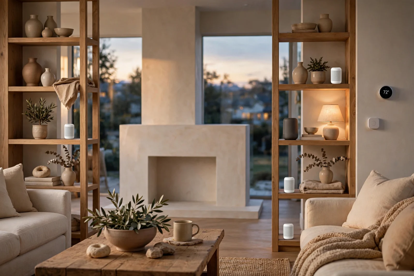 Modern living room at dusk with three white mesh WiFi nodes on wooden shelves, a smart speaker and thermostat visible