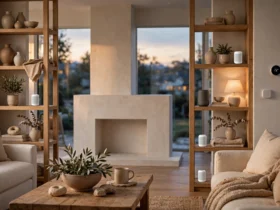 Modern living room at dusk with three white mesh WiFi nodes on wooden shelves, a smart speaker and thermostat visible