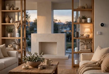 Modern living room at dusk with three white mesh WiFi nodes on wooden shelves, a smart speaker and thermostat visible