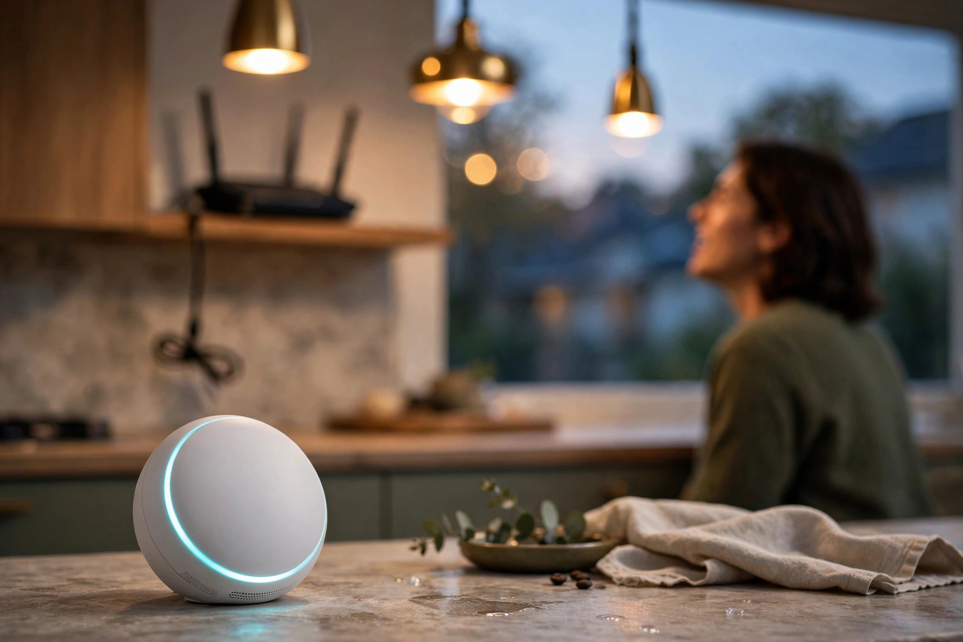 Best offline voice assistant on a kitchen counter working locally with the router unplugged