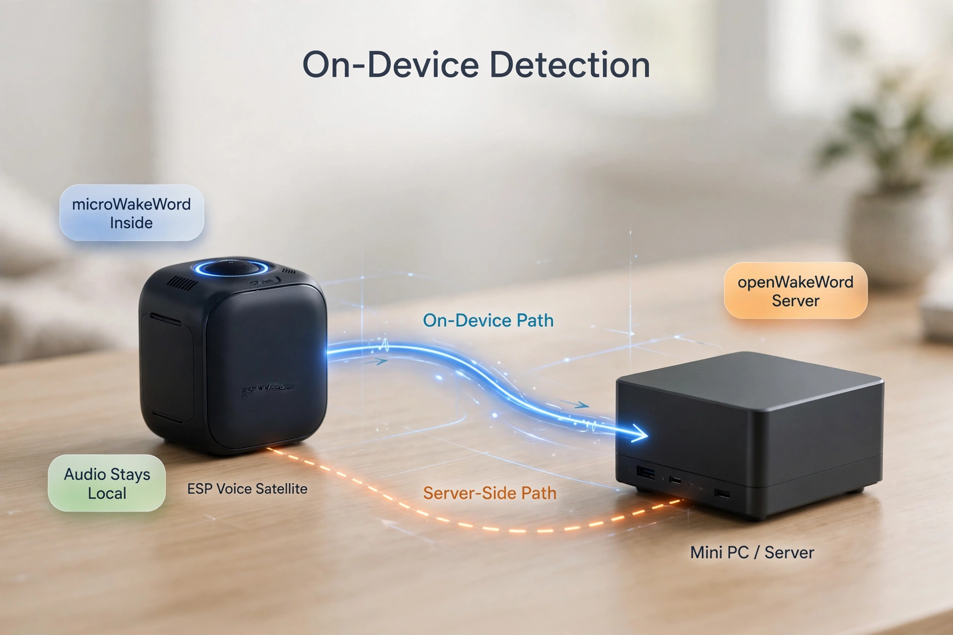 On-device microWakeWord satellite and server running a home assistant custom wake word model