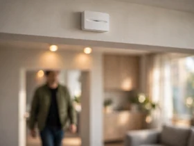 Compact mmWave radar sensor mounted above a living room doorway detecting movement