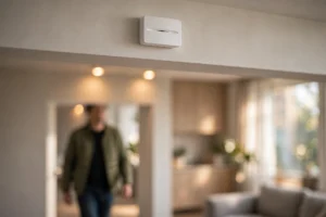 Compact mmWave radar sensor mounted above a living room doorway detecting movement