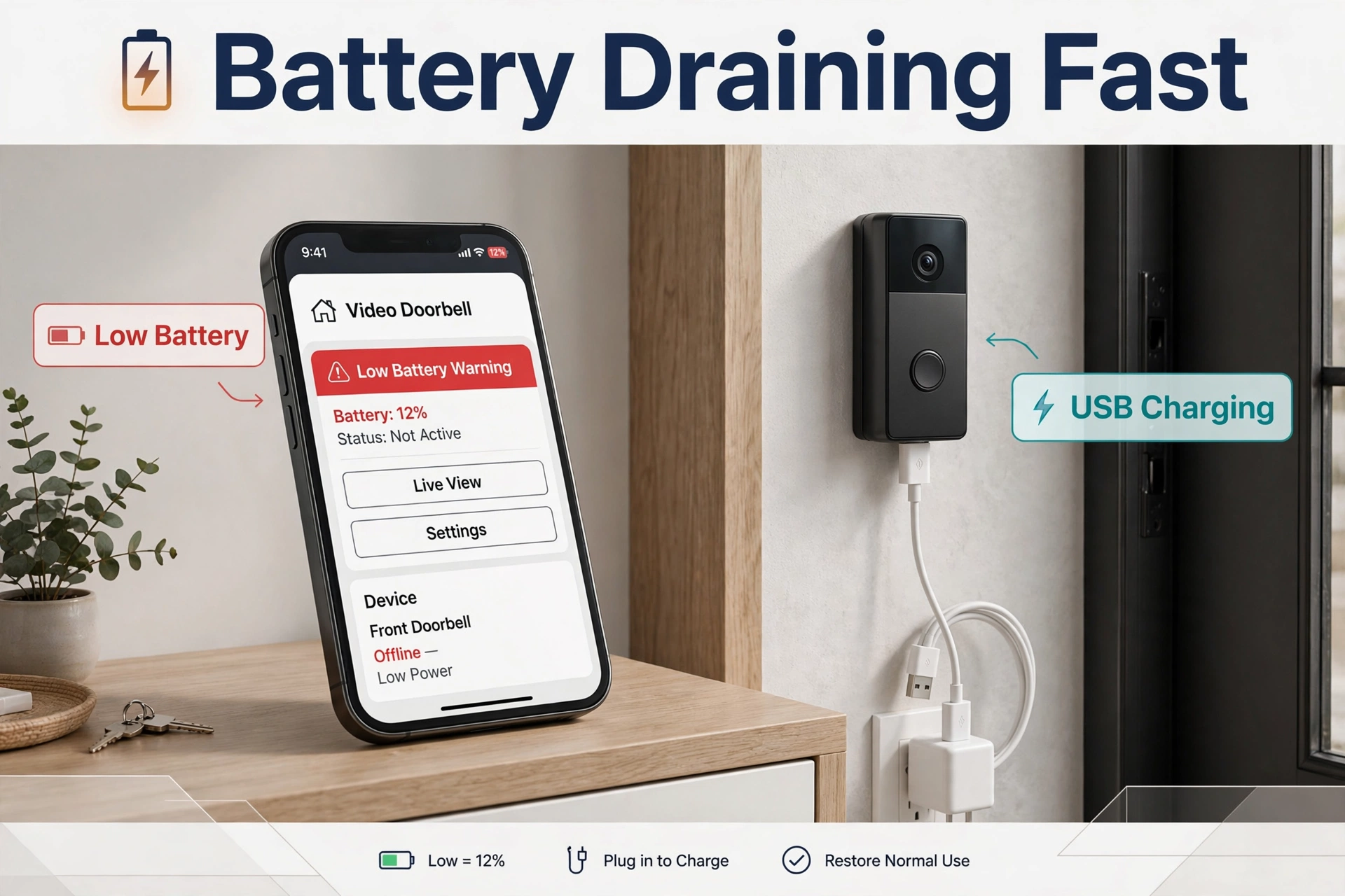 Video doorbell battery dying fast warning in the app with the doorbell charging indoors