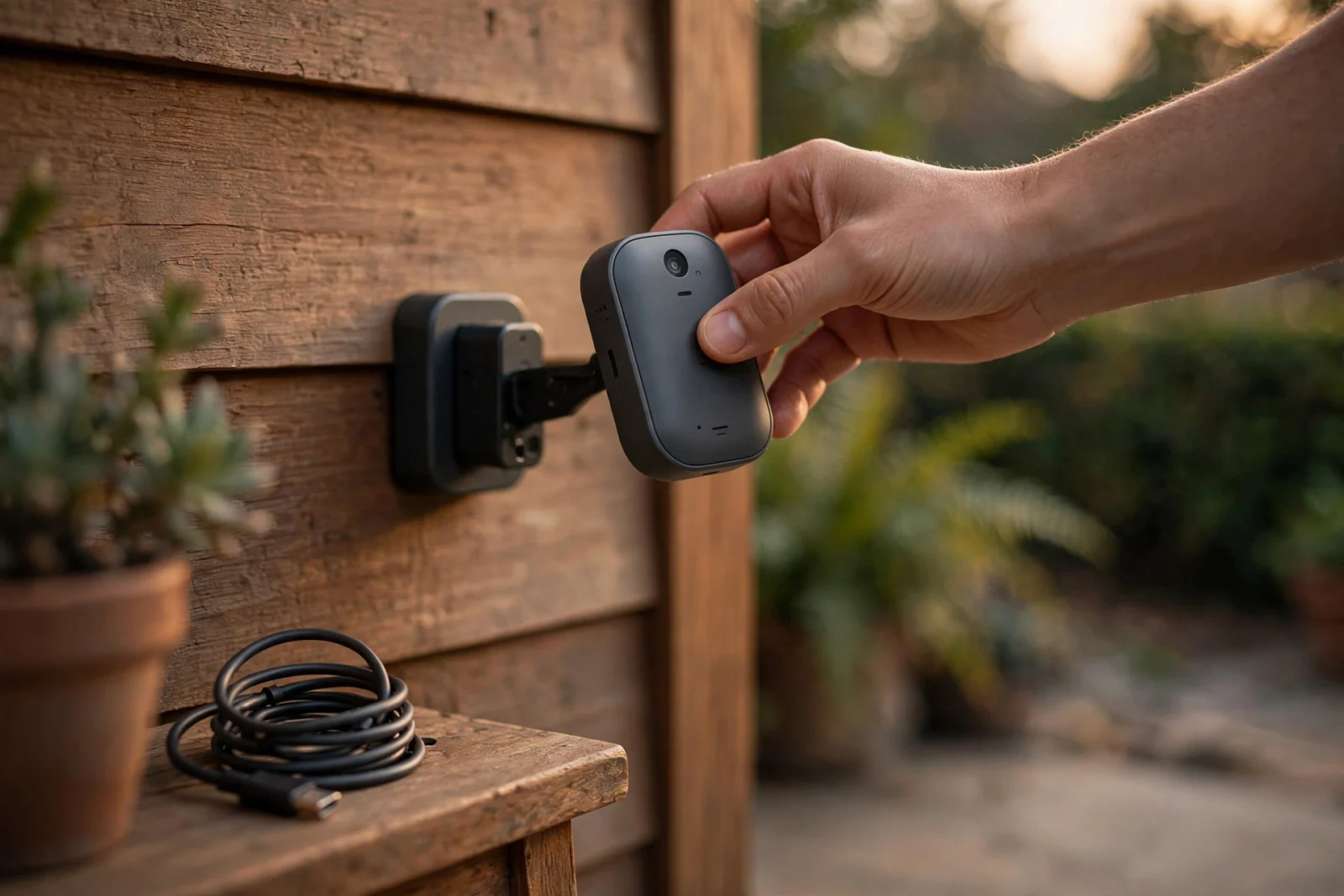 Video doorbell removed from its mount beside the charging cable when the video doorbell battery is dying fast